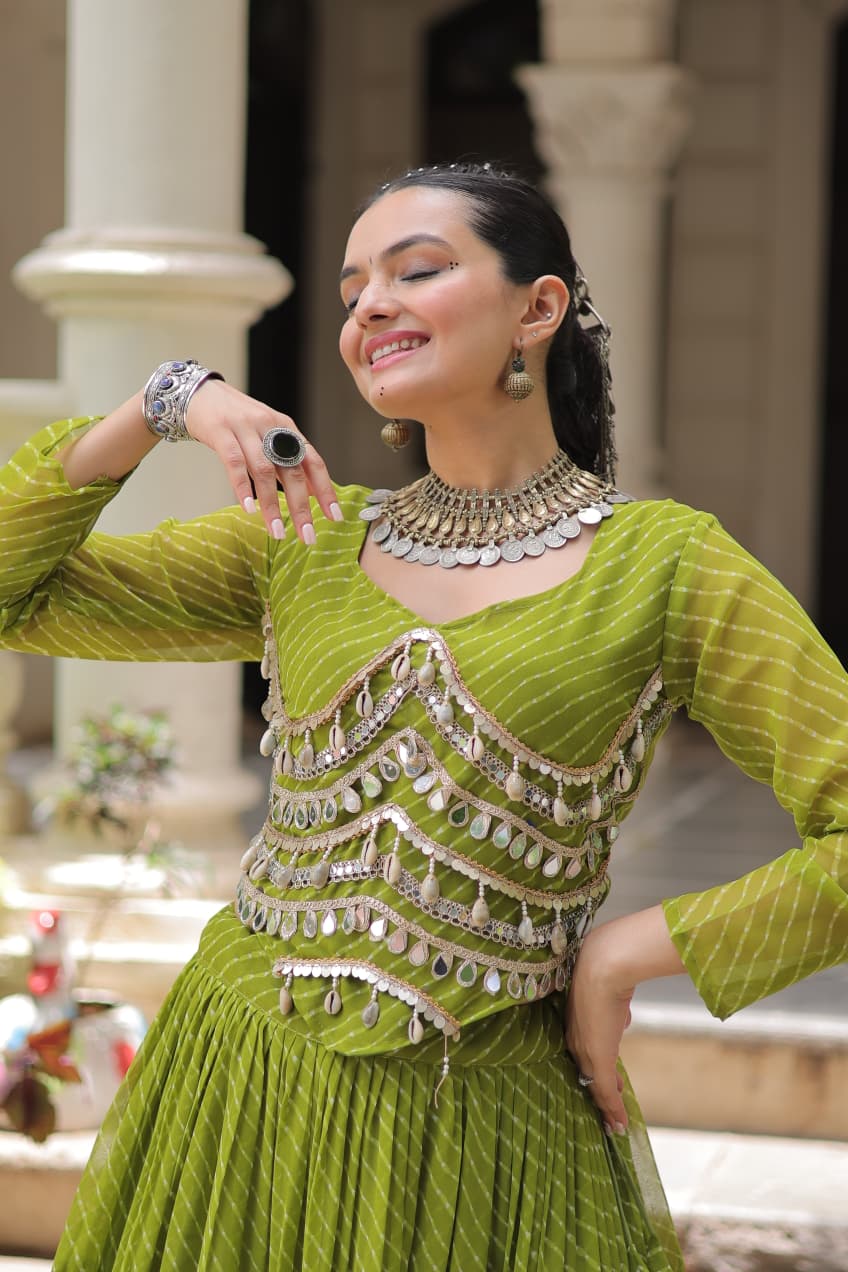 Mehendi Georgette Leheriya Print Lehenga with Mirror Lace Work
