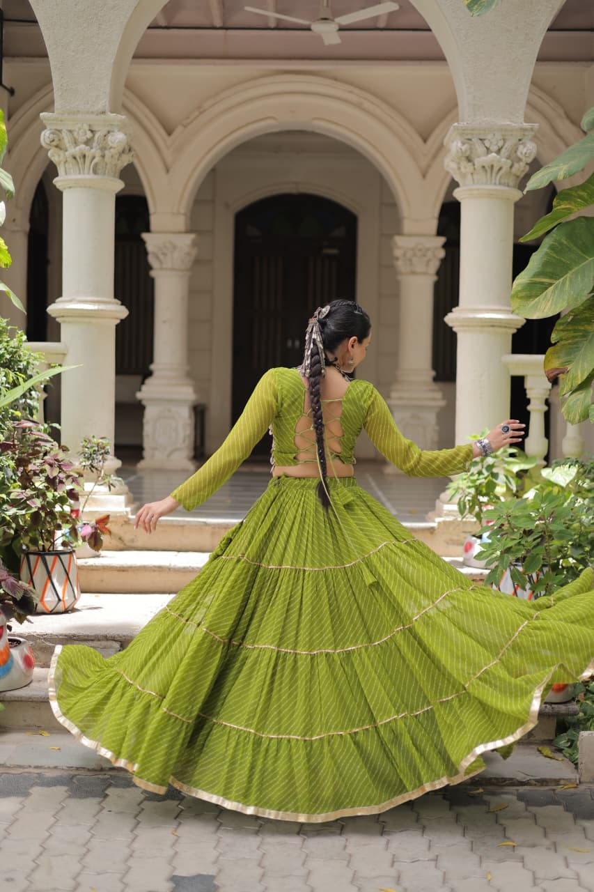 Mehendi Georgette Leheriya Print Lehenga with Mirror Lace Work