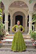 Mehendi green georgette lehenga with traditional Leheriya print and decorative Gota-Patti lace work