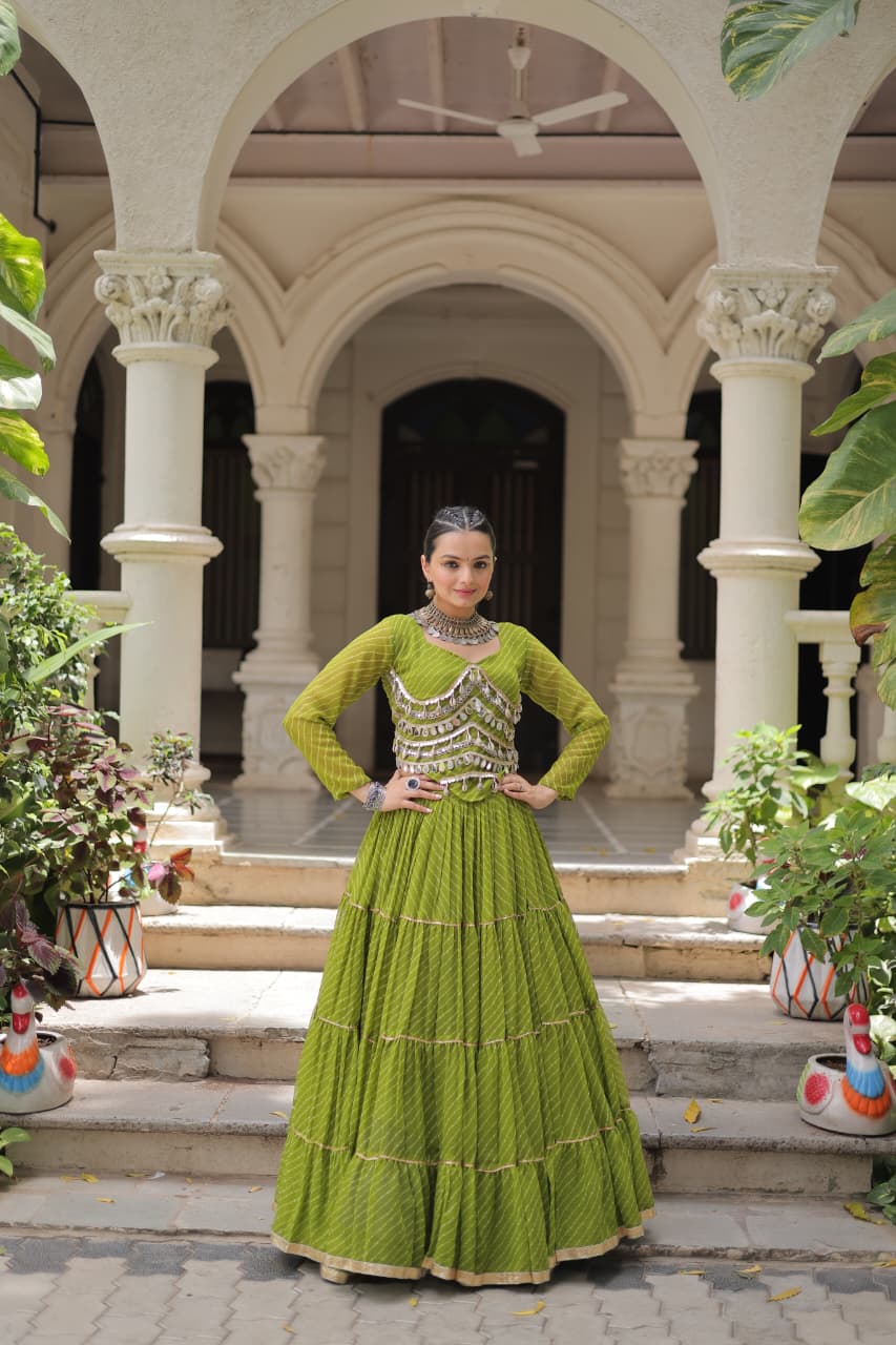 Mehendi green georgette lehenga with traditional Leheriya print and decorative Gota-Patti lace work