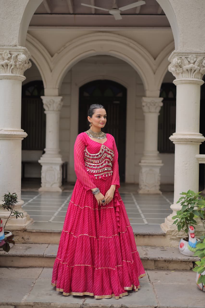 Prazu Fashion Pink Georgette Leheriya Print Work With Mirror Lace Navratri Lehenga