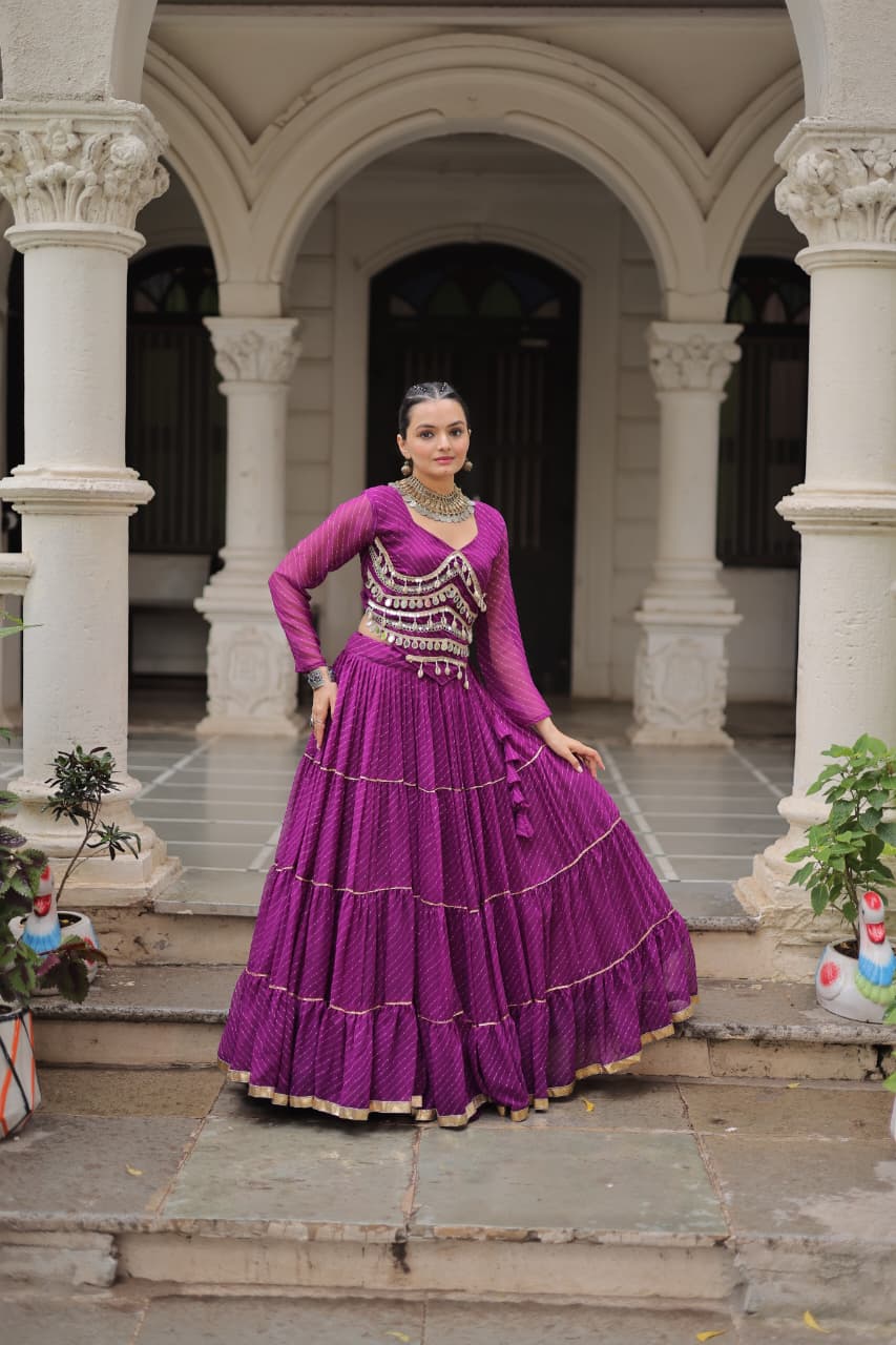 Purple Georgette Leheriya Print Lehenga with Mirror Lace Work