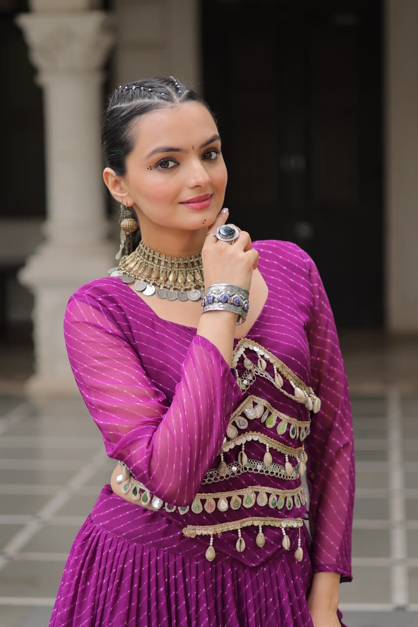 Purple Georgette Leheriya Print Lehenga with Mirror Lace Work