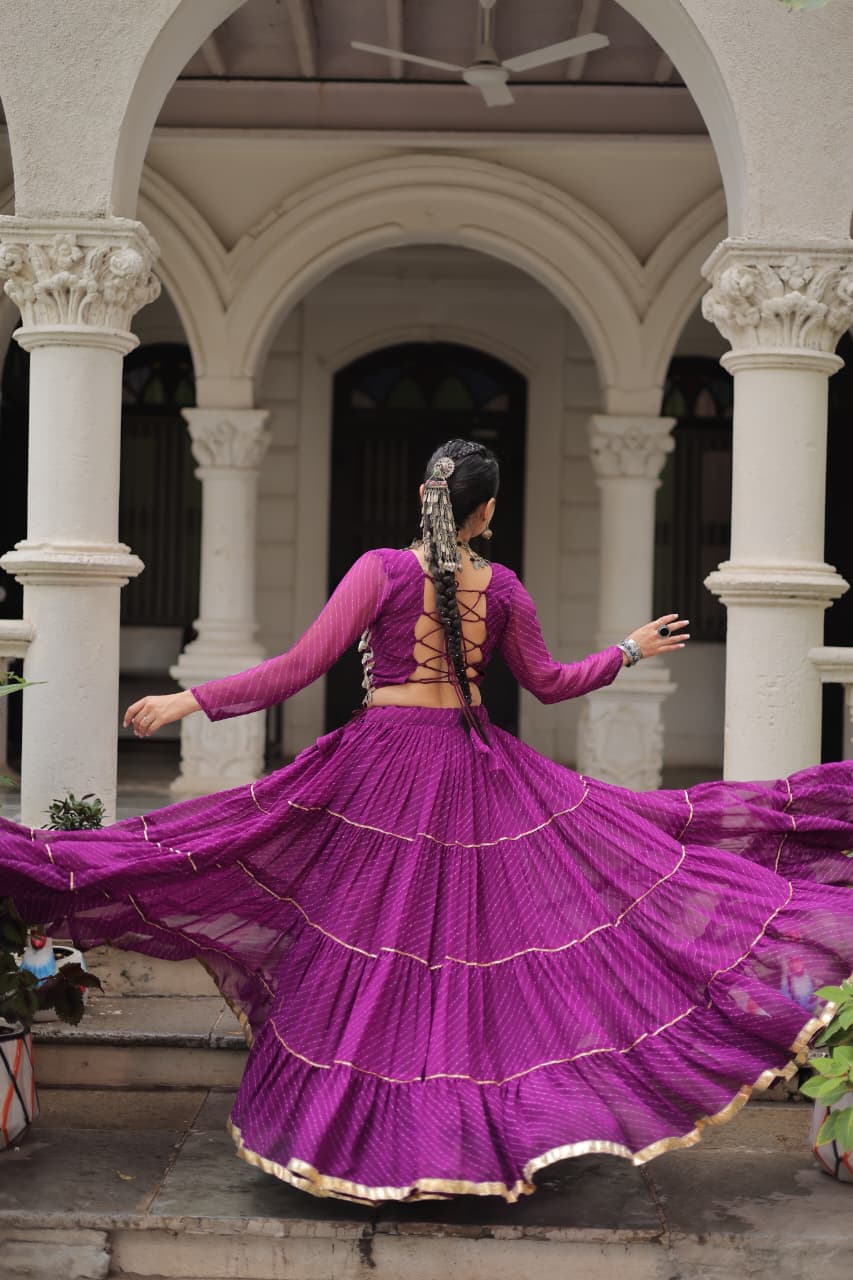 Purple Georgette Leheriya Print Lehenga with Mirror Lace Work