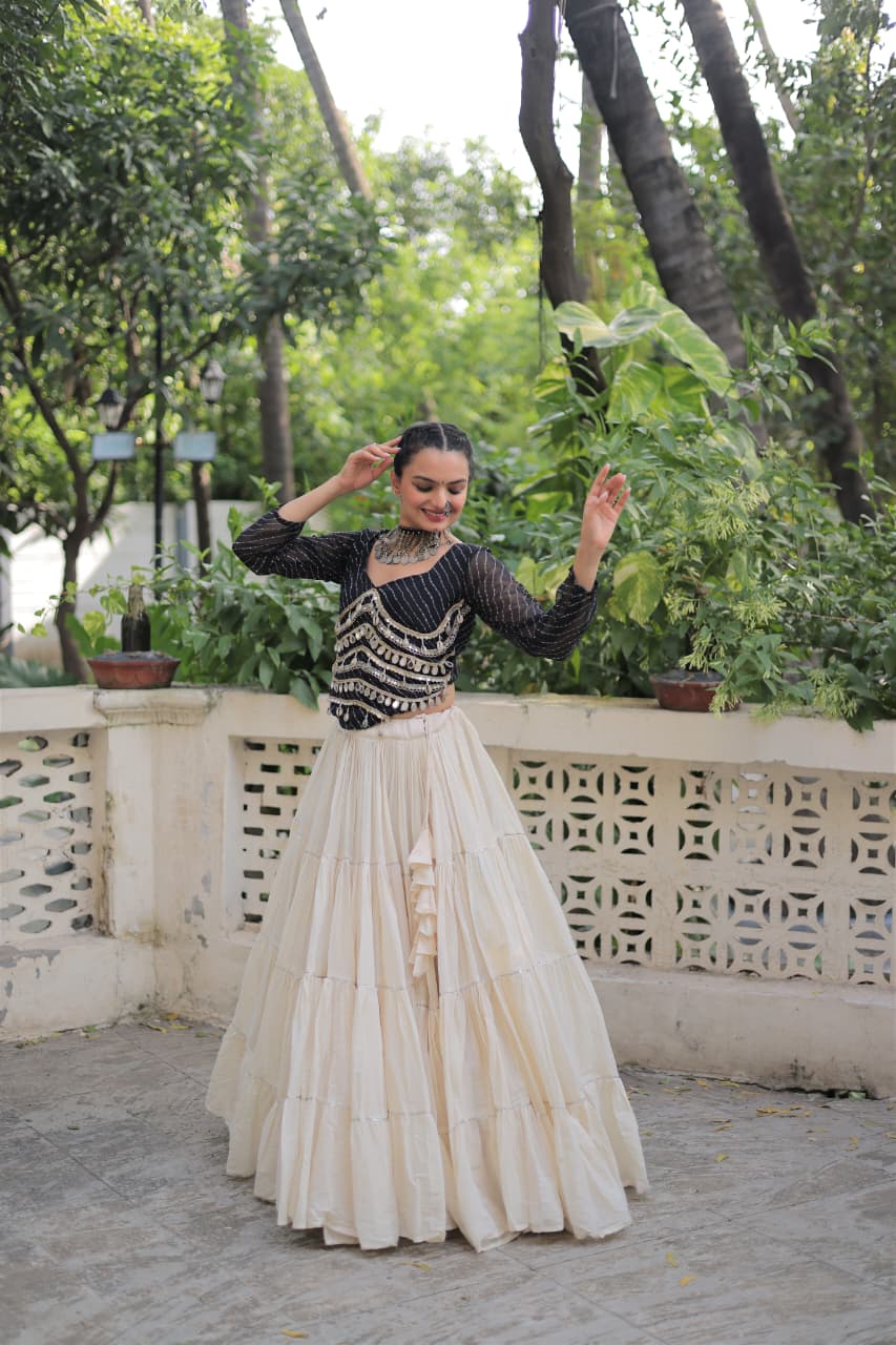 Black Georgette Leheriya Print Lehenga Set with Mirror Lace