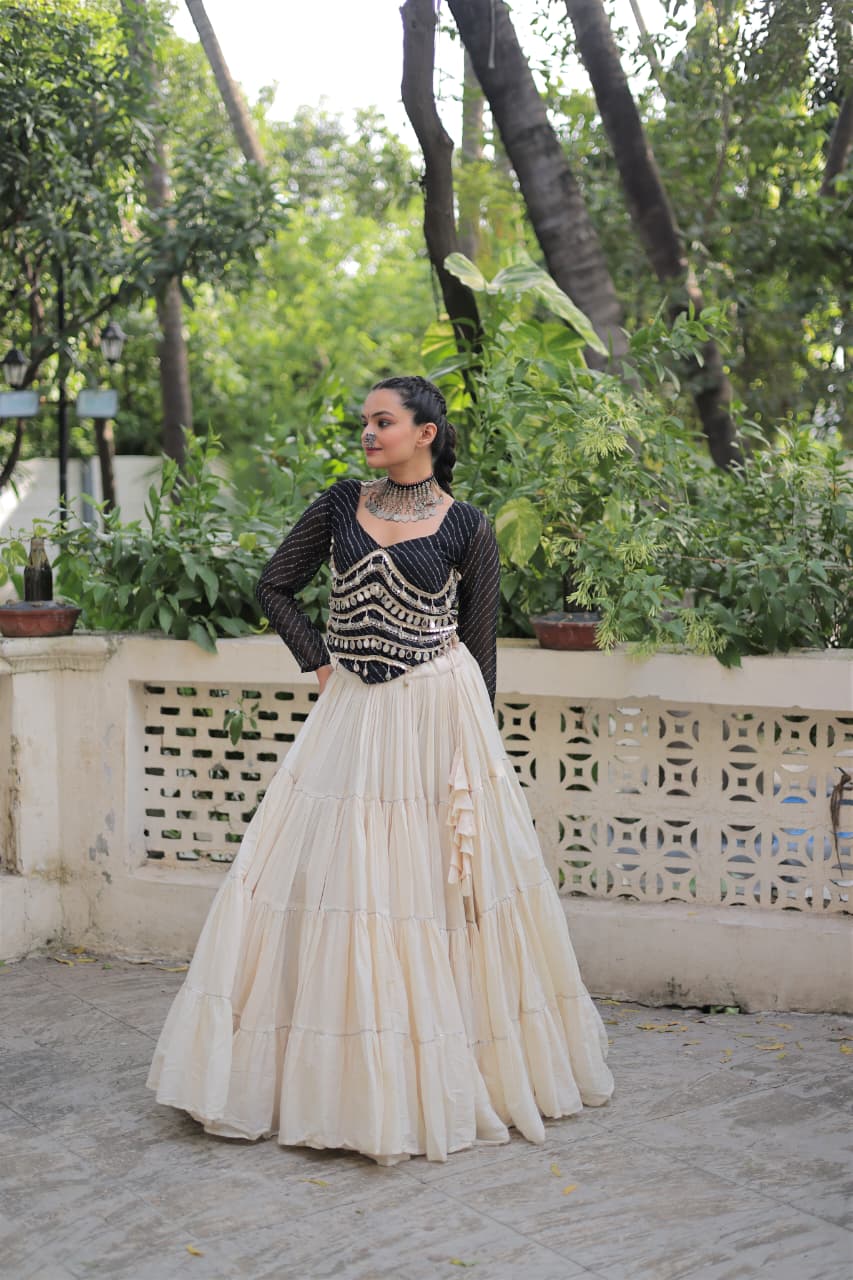 Black Georgette Leheriya Print Lehenga Set with Mirror Lace