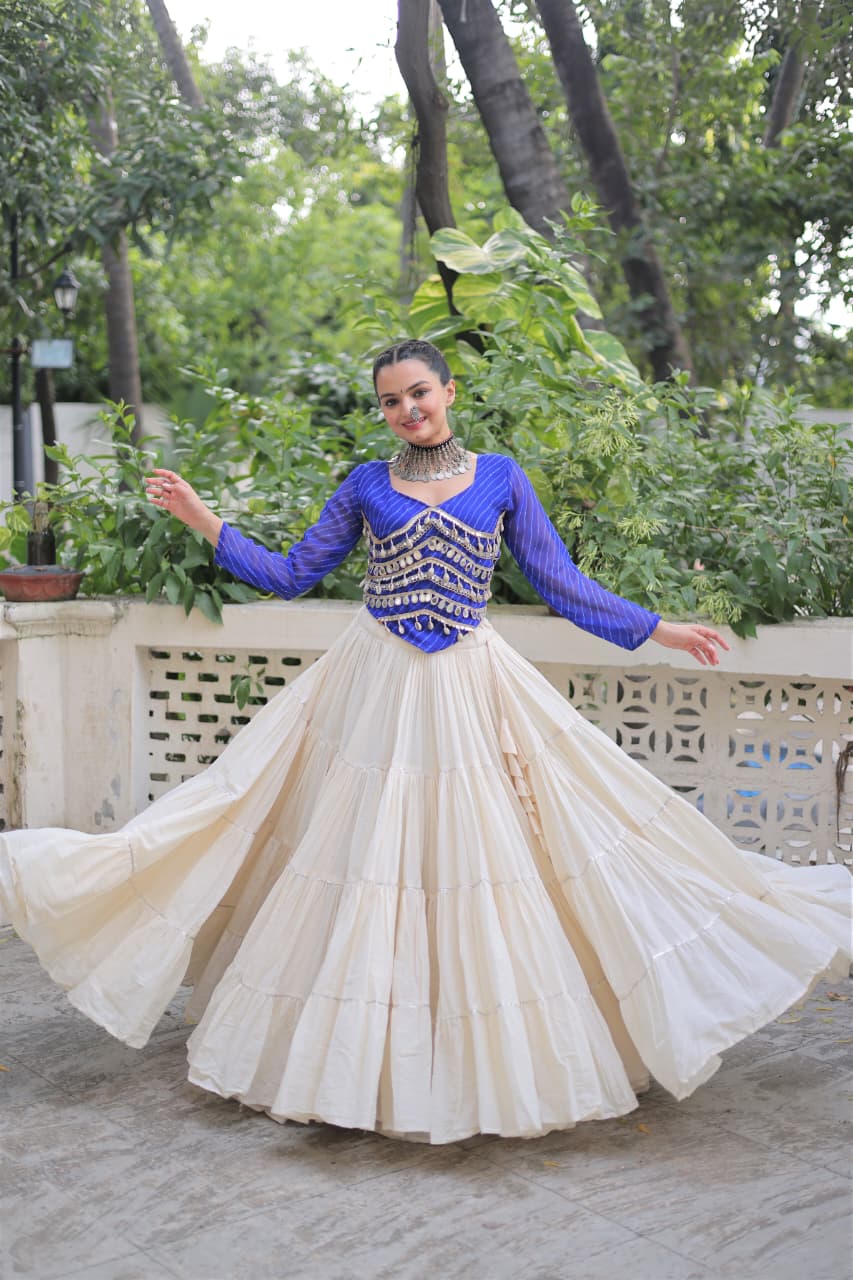 Blue Georgette Leheriya Print Lehenga Set with Mirror Lace Work