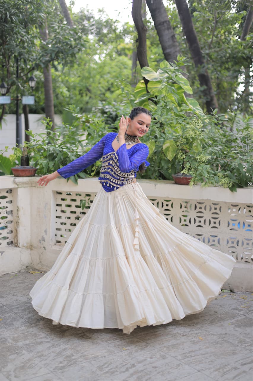 Blue Georgette Leheriya Print Lehenga Set with Mirror Lace Work