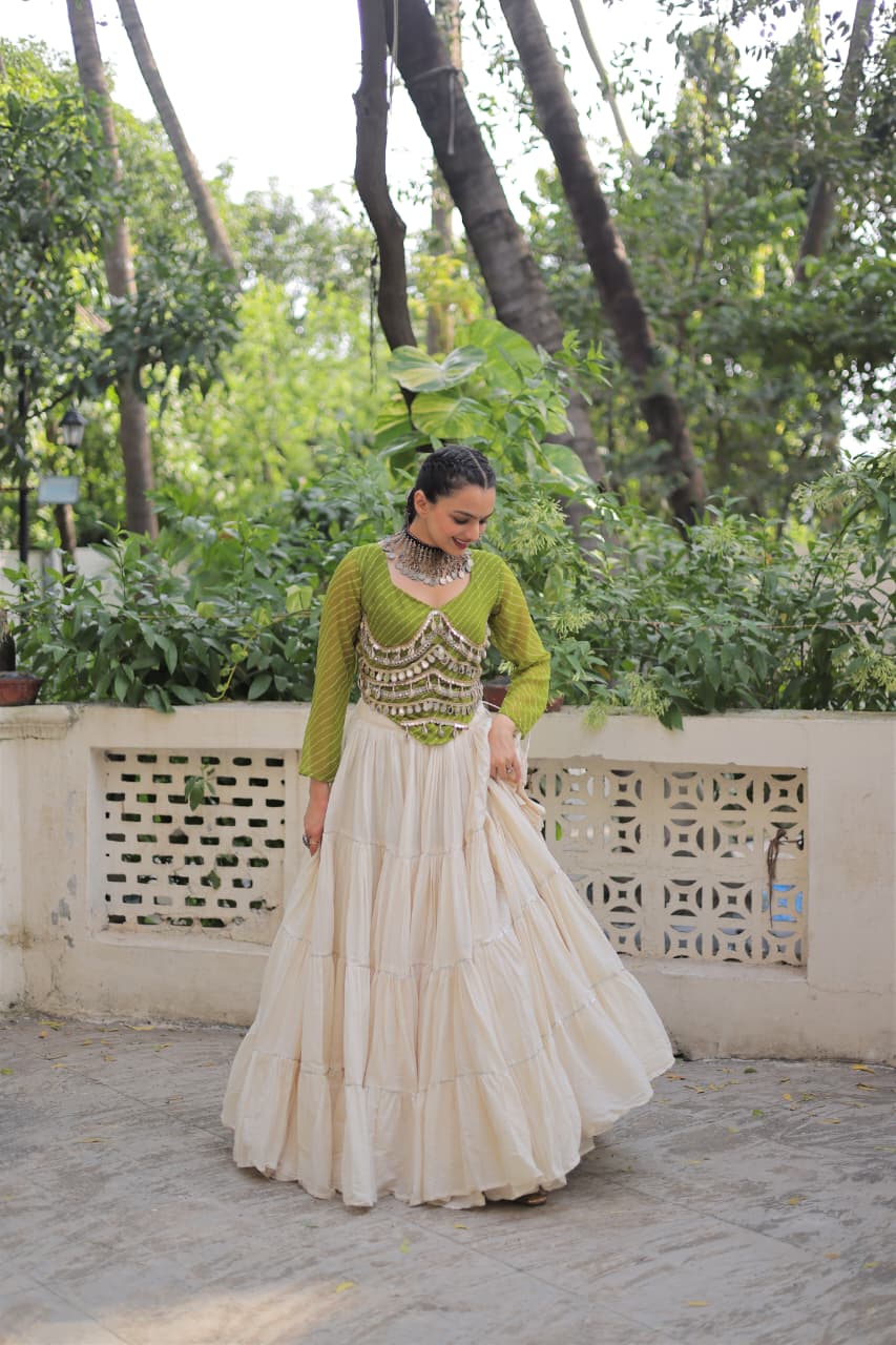 Mehndi Georgette Leheriya Mirror Work Navaratri Lehenga Set