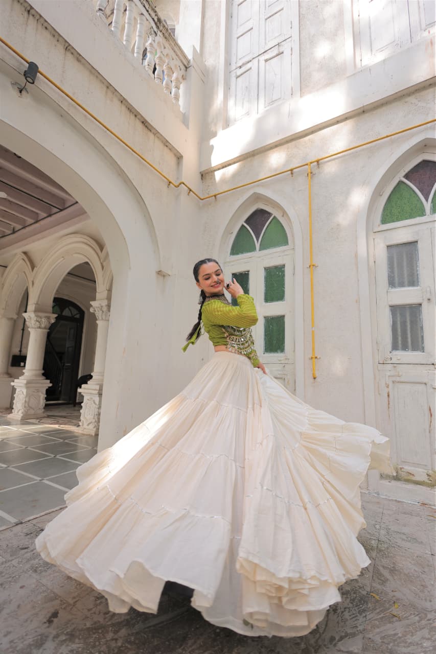 Mehndi Georgette Leheriya Mirror Work Navaratri Lehenga Set