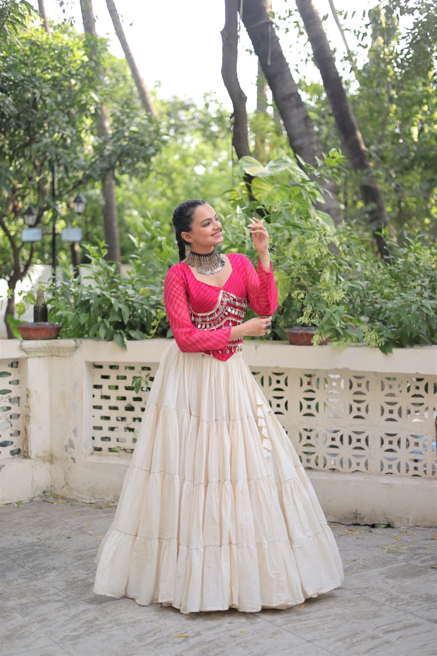 Pink Georgette Leheriya Print Lehenga Set with Mirror Lace Work