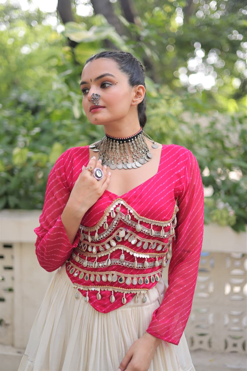 Pink Georgette Leheriya Print Mirror Lace Navaratri Lehenga Choli