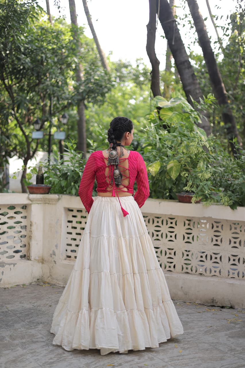 Pink Georgette Leheriya Print Mirror Lace Navaratri Lehenga Choli