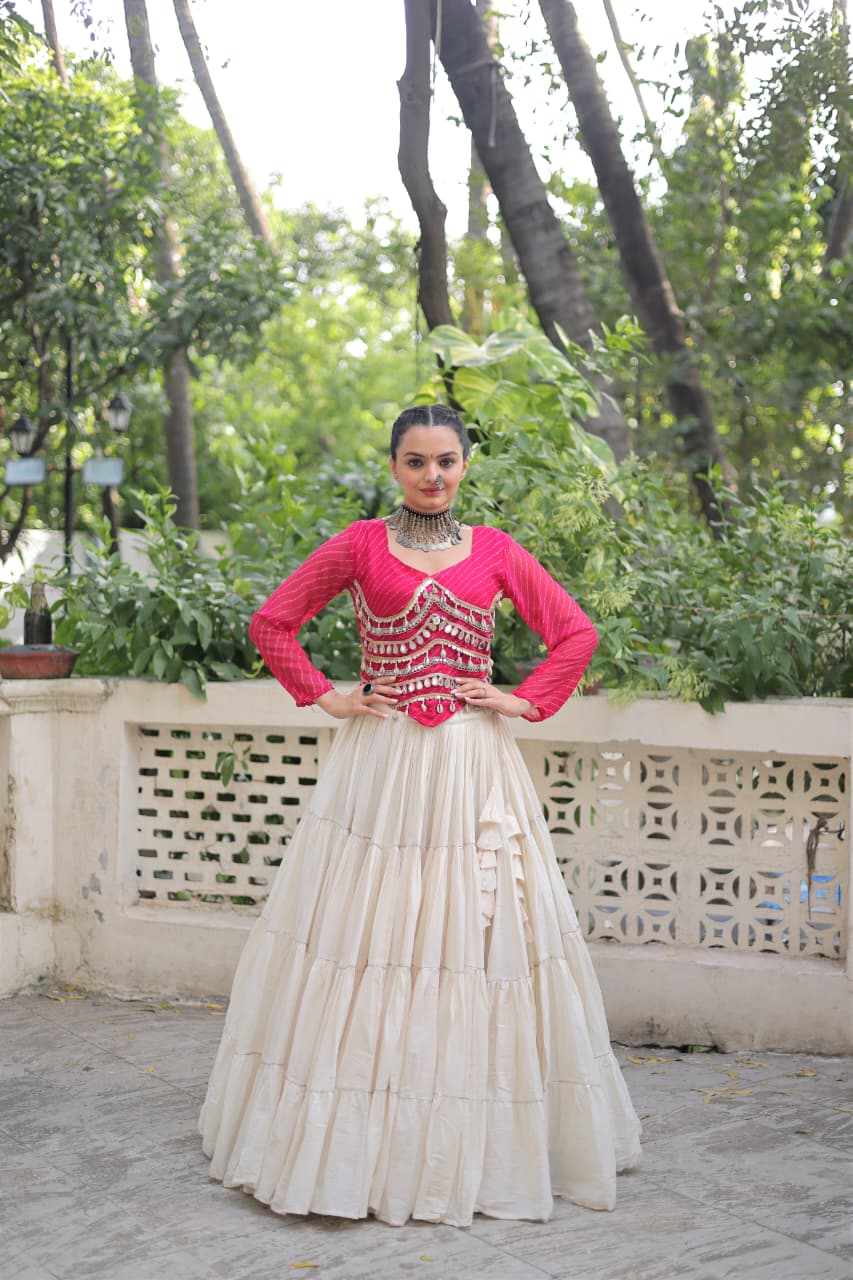 Pink Georgette Leheriya print Lehenga Choli with mirror lace decoration for Navaratri