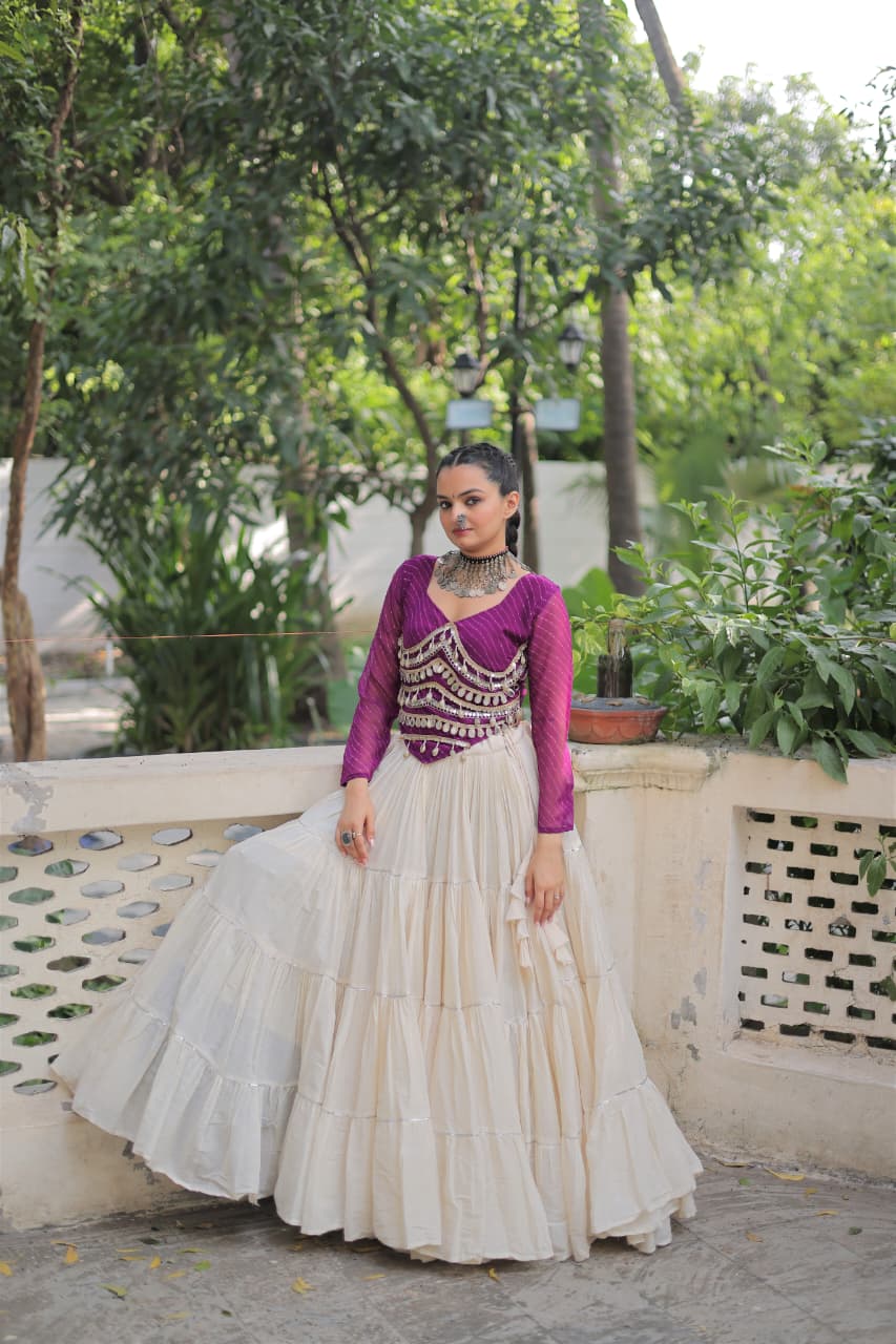 Wine Georgette Leheriya Print Mirror Work Navaratri Lehenga Set