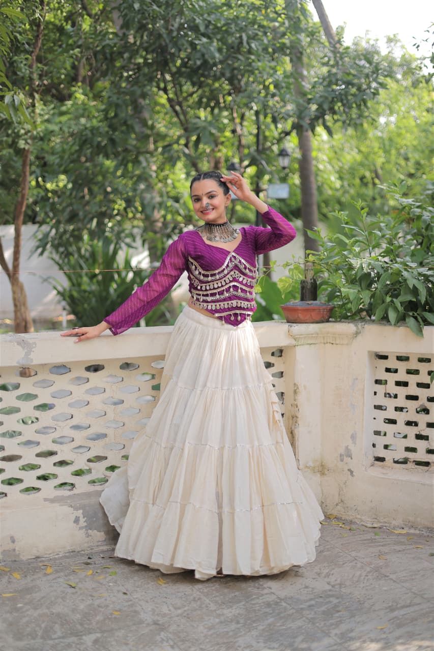 Wine Georgette Leheriya Print Mirror Work Navaratri Lehenga Set
