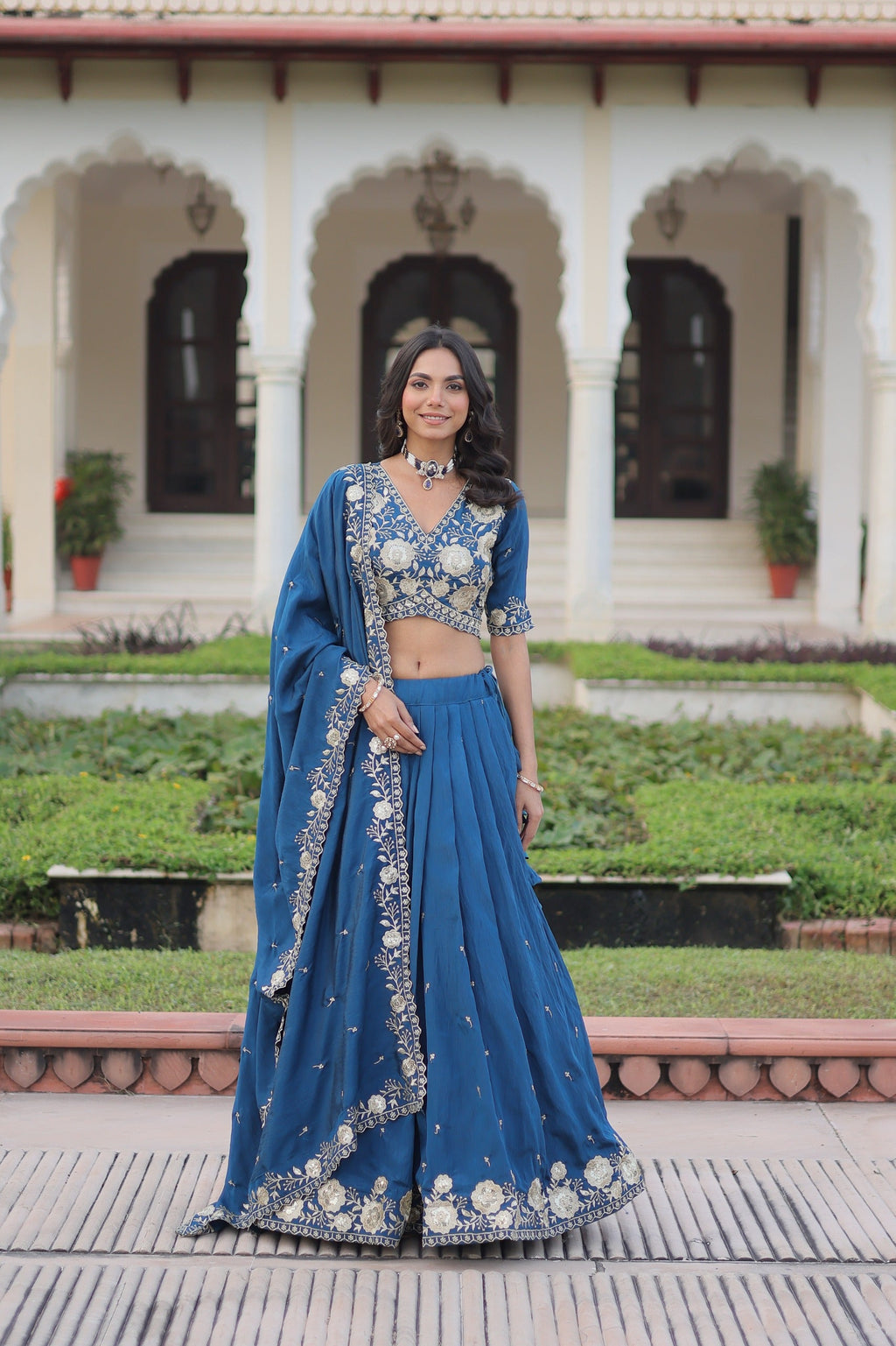 Royal Blue Vichitra Silk Lehenga Choli with Heavy Sequins Embroidery