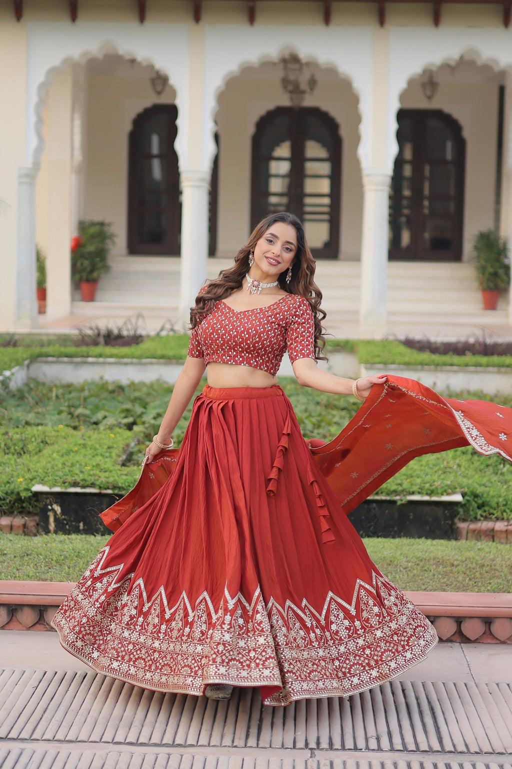 Dark Red Vichitra Silk Lehenga Choli with Sequins and Thread Work