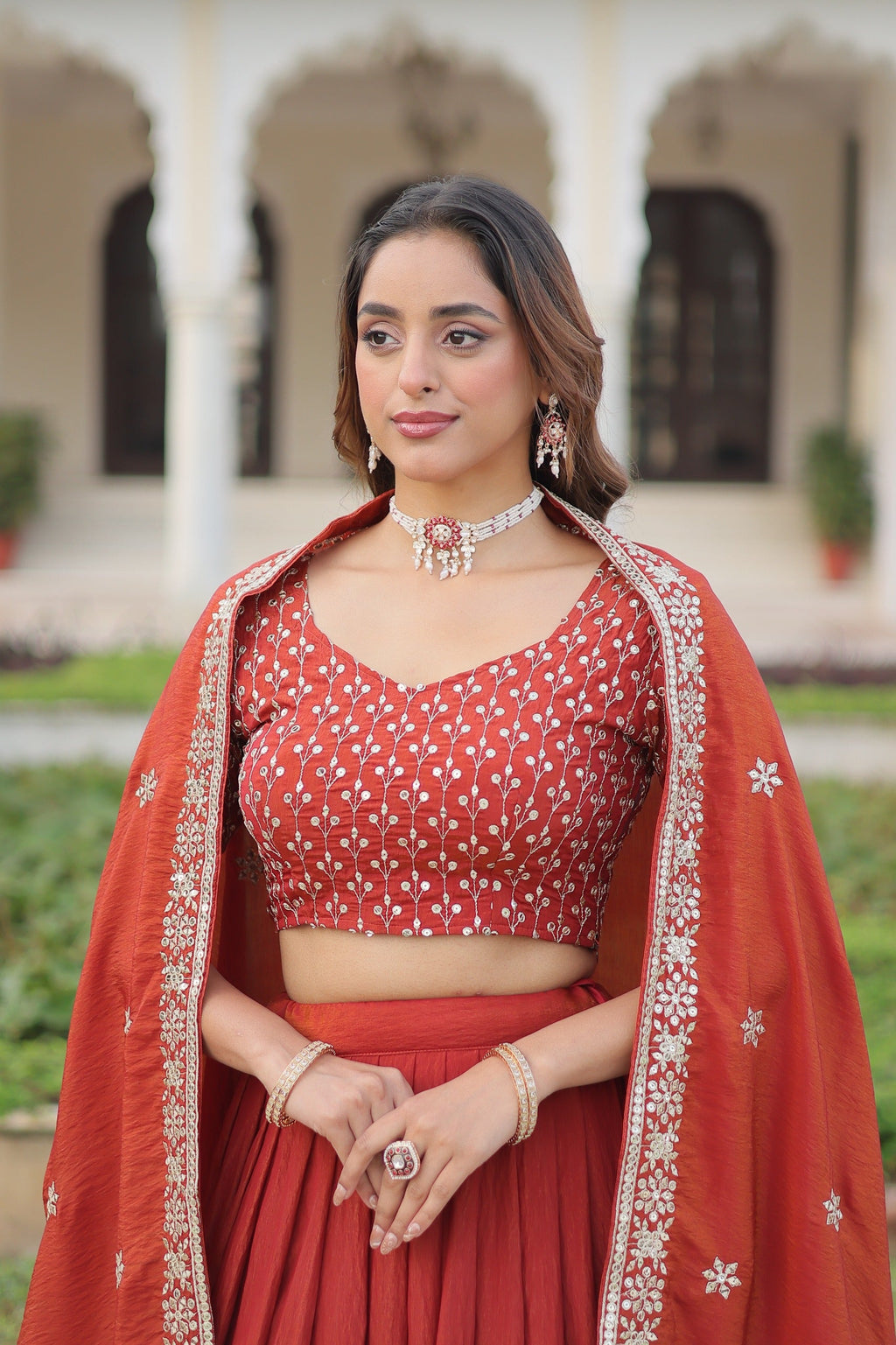 Dark Red Vichitra Silk Lehenga Choli with Sequins and Thread Work