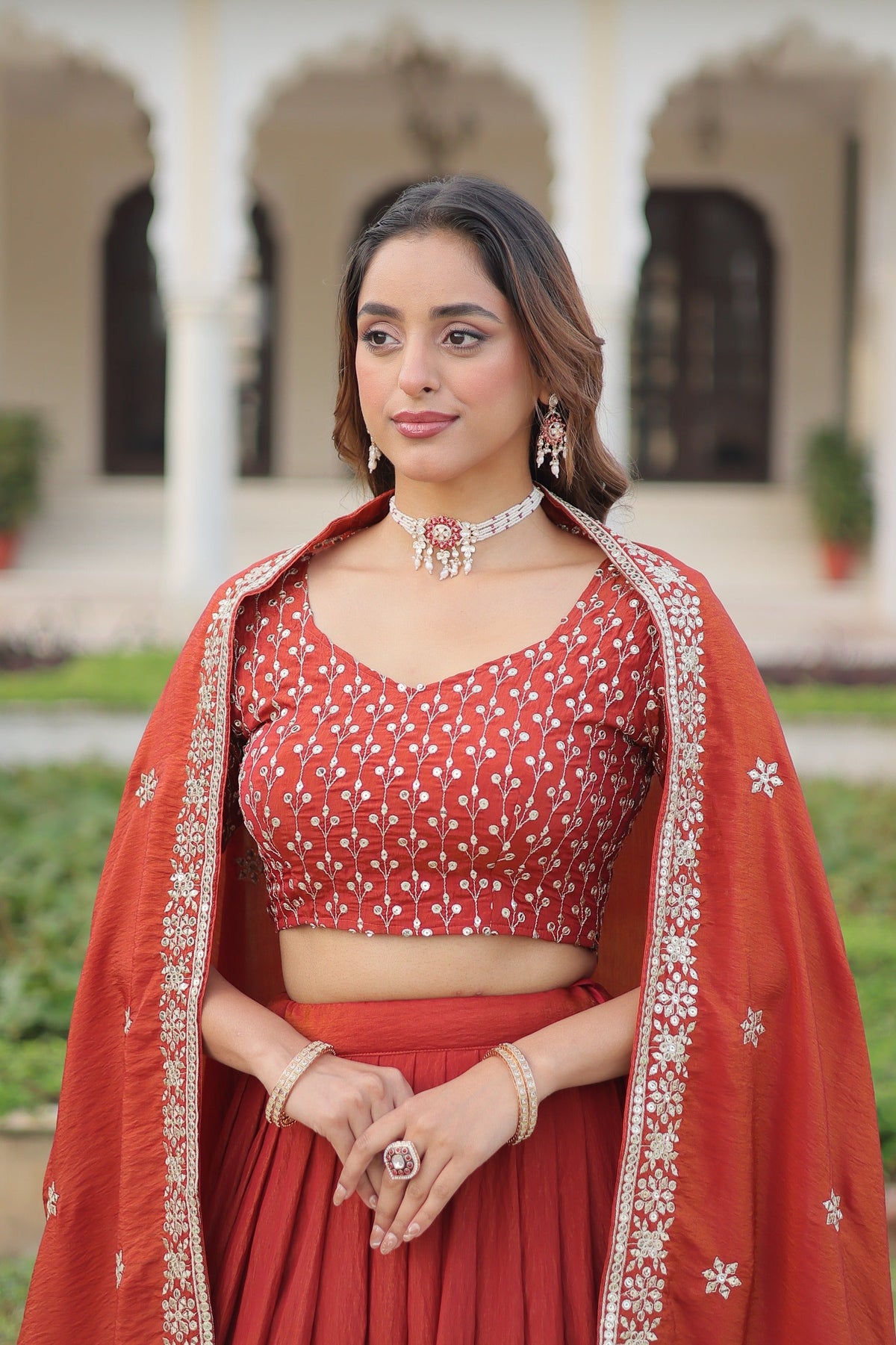 Dark Red Vichitra Silk Lehenga Choli with Sequins and Thread Work