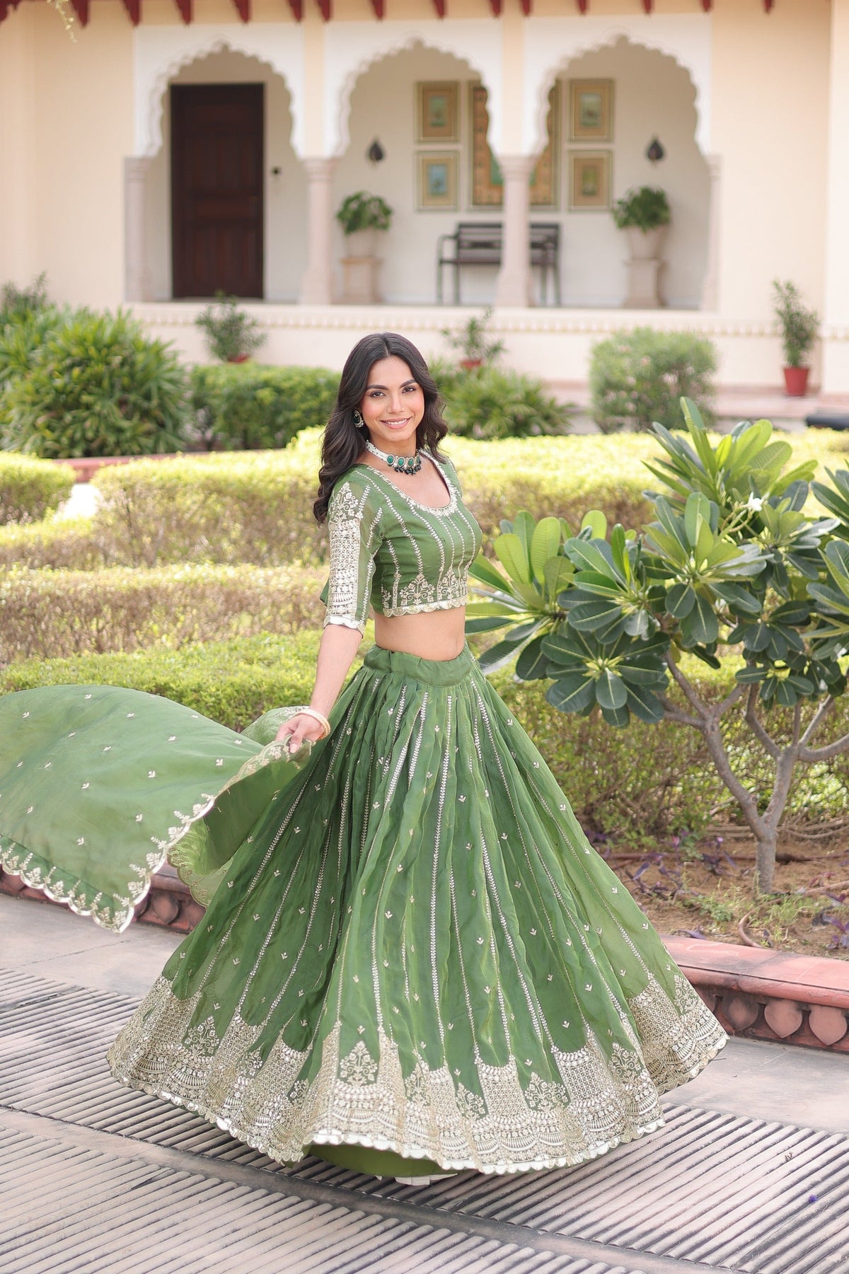 Mahendi Gold Crush Lehenga Choli with Sequins and Zari Embroidery
