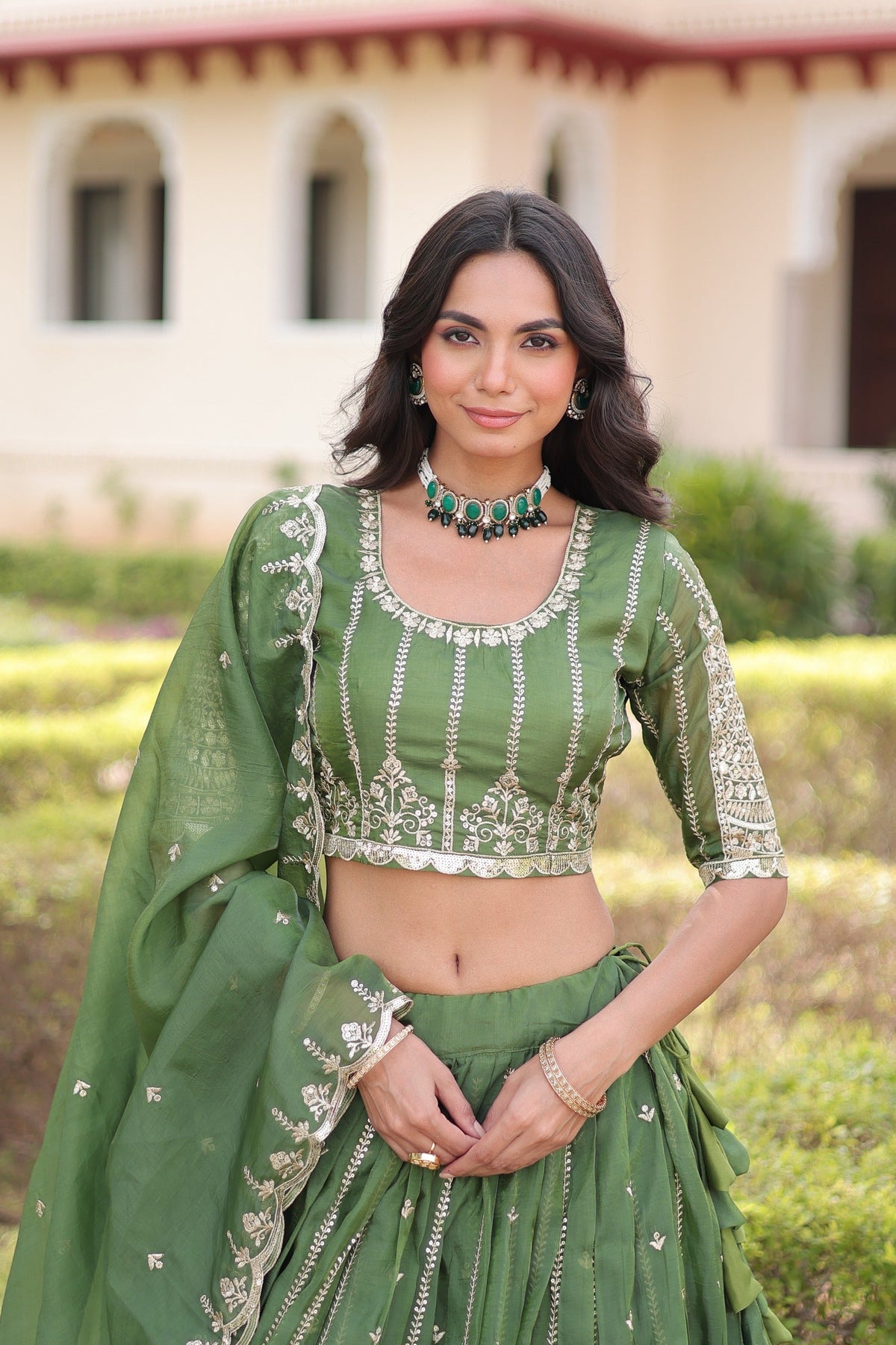 Mahendi Gold Crush Lehenga Choli with Sequins and Zari Embroidery