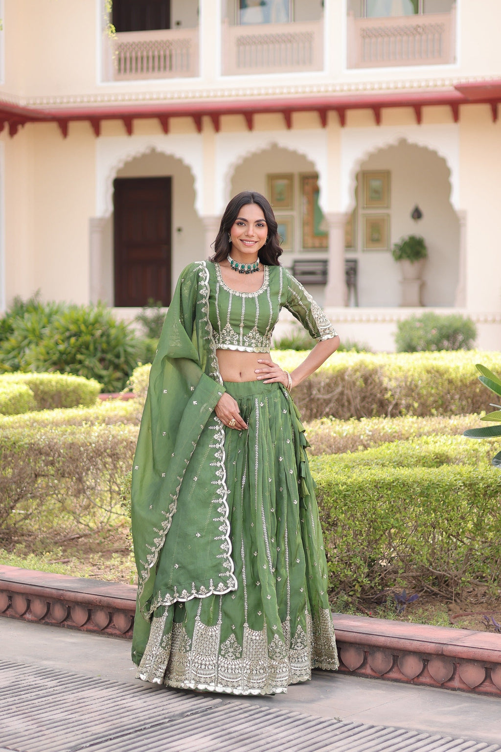 Mahendi gold crush lehenga choli with intricate zari and sequin embroidery work