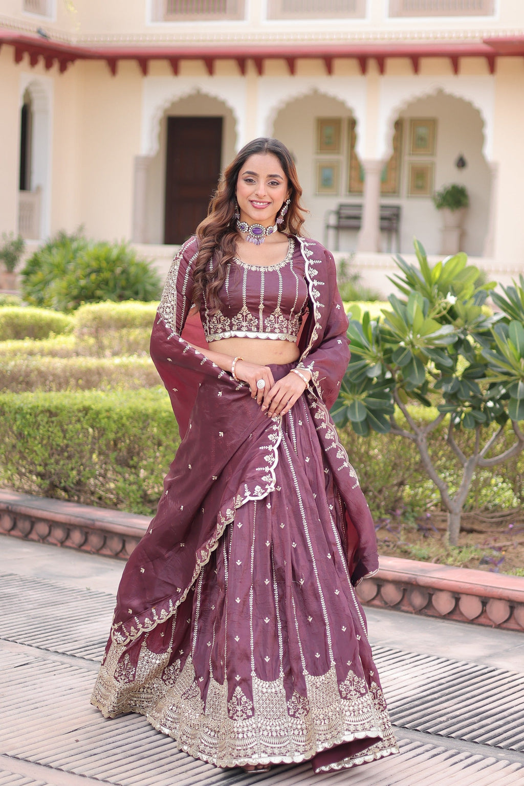 Wine Gold Crush Lehenga Choli with Sequins and Zari Embroidery