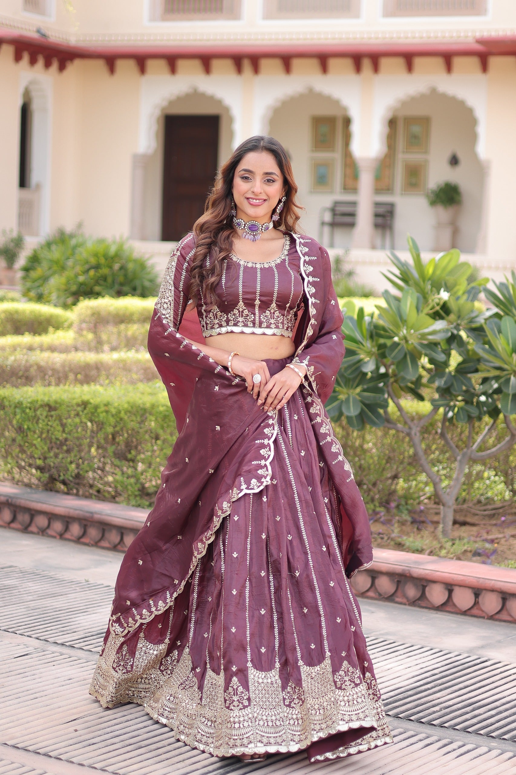 Wine Gold Crush Lehenga Choli with Sequins and Zari Embroidery