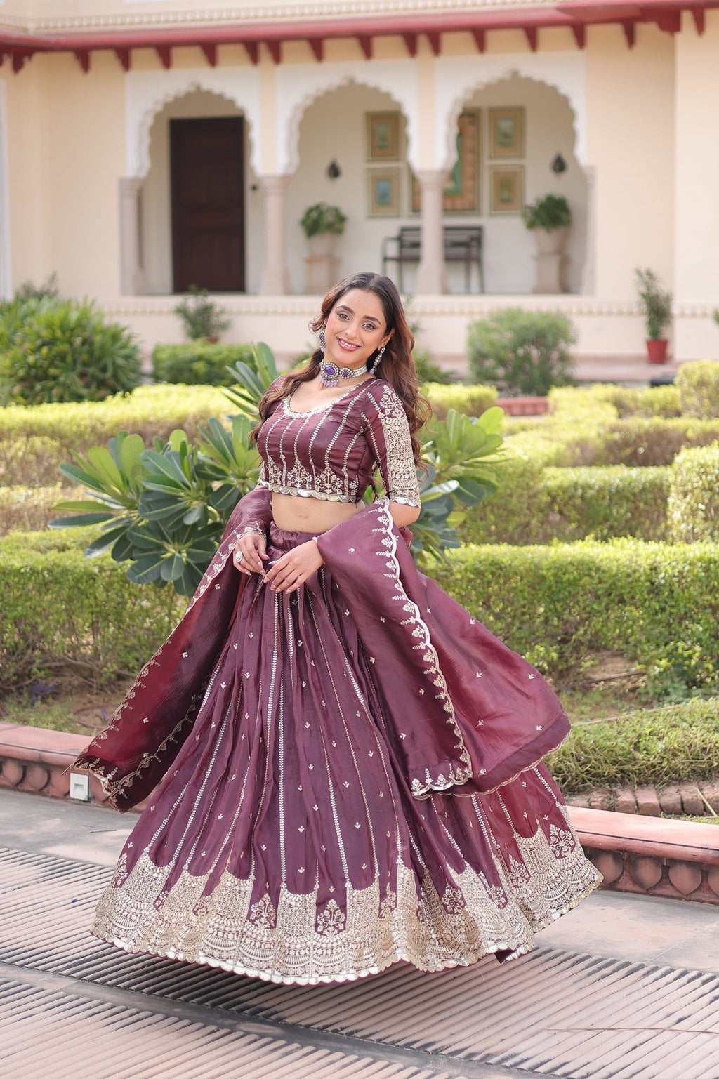 Wine Gold Crush Lehenga Choli with Sequins and Zari Embroidery