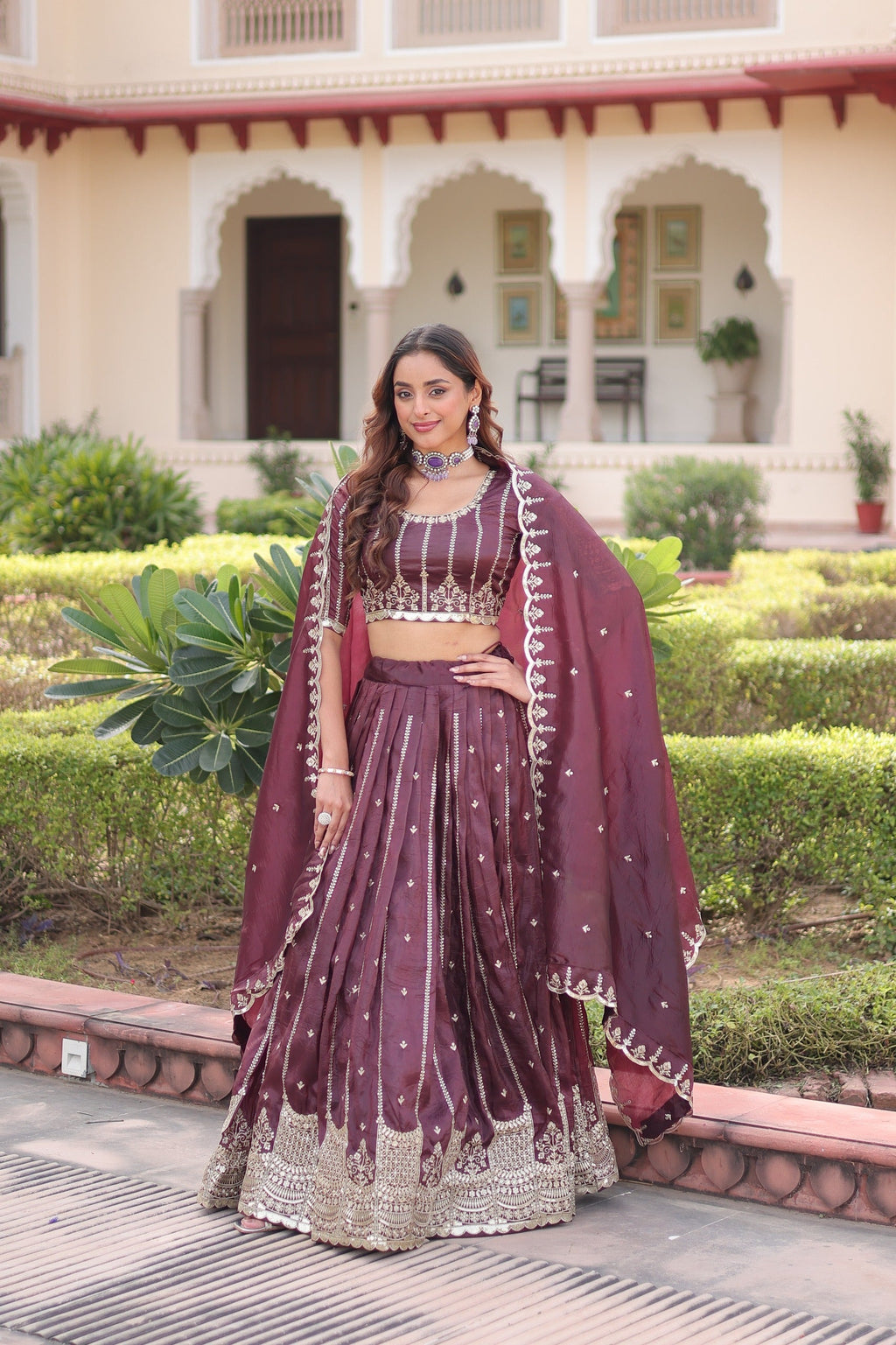 Wine Gold Crush Lehenga Choli with Sequins and Zari Embroidery