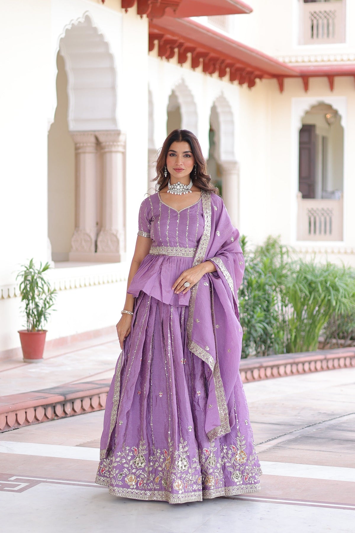 Lavender Gold Crush Lehenga Choli with intricate multi-thread embroidery and zari sequins