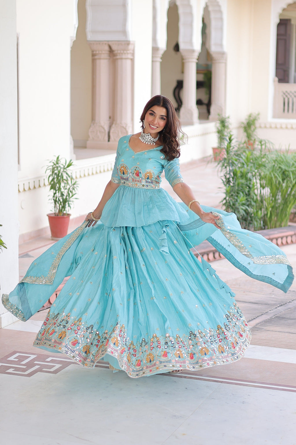 Sky Blue Gold Crush Lehenga Choli with Multi Thread Embroidery