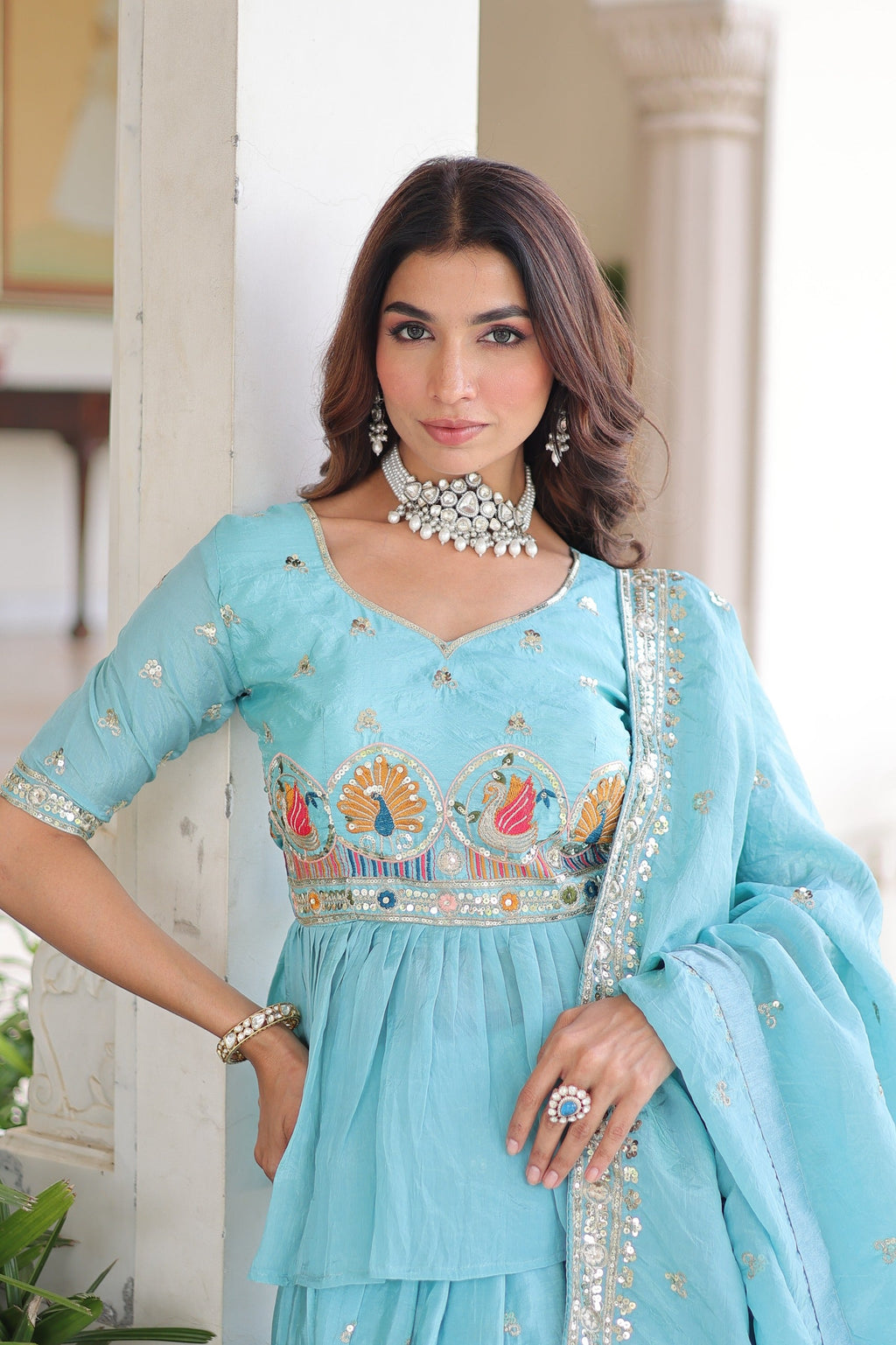 Sky Blue Gold Crush Lehenga Choli with Multi Thread Embroidery
