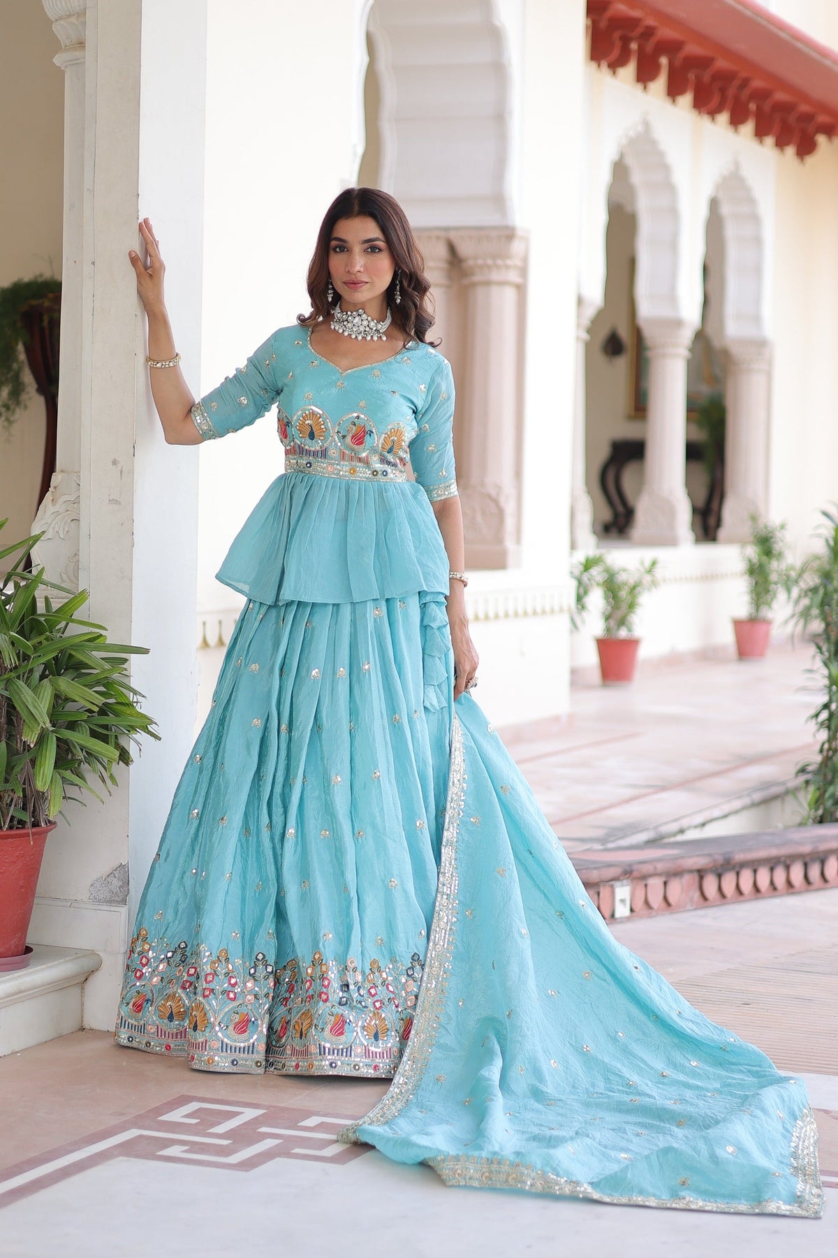 Sky Blue Gold Crush Lehenga Choli with Multi Thread Embroidery