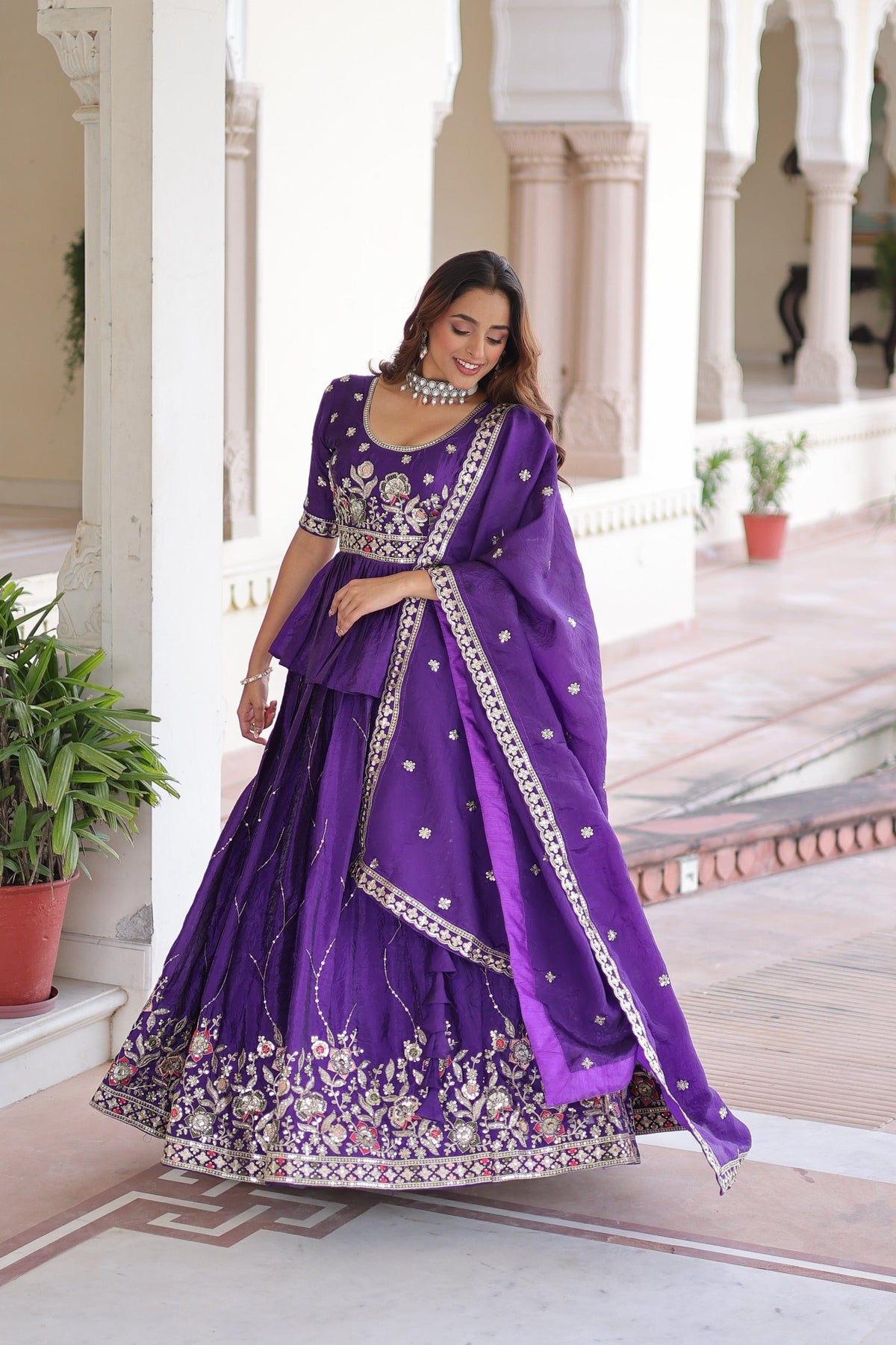 Violet Gold Crush Lehenga Choli with Multi Thread Embroidery