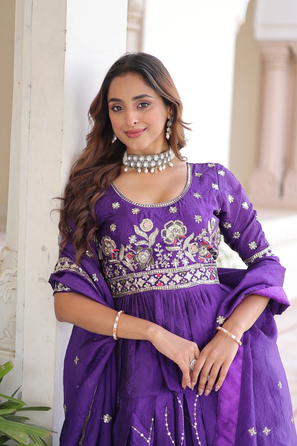Violet Gold Crush Lehenga Choli with Multi Thread Embroidery