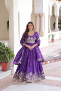 Violet Gold Crush Lehenga Choli with Multi Thread Embroidery