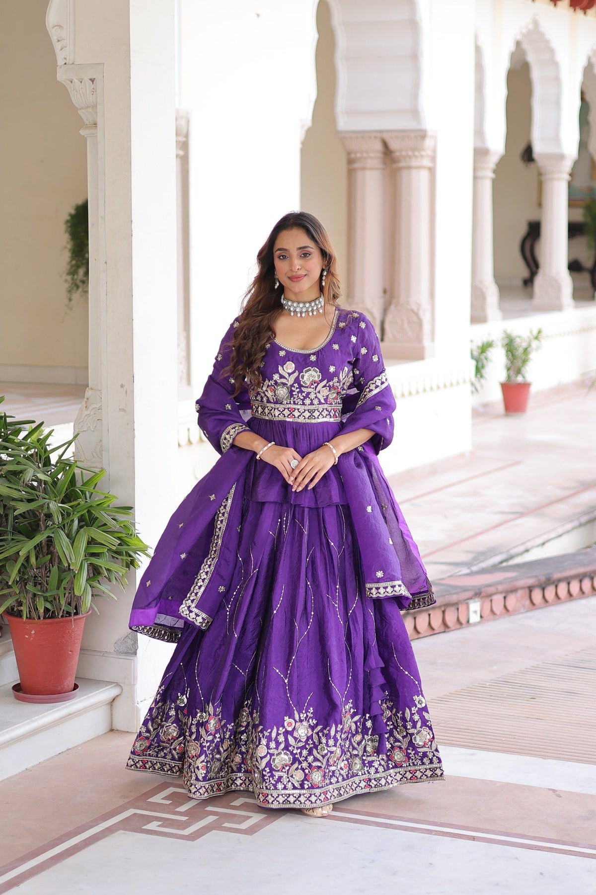 Violet Gold Crush Lehenga Choli with Multi Thread Embroidery