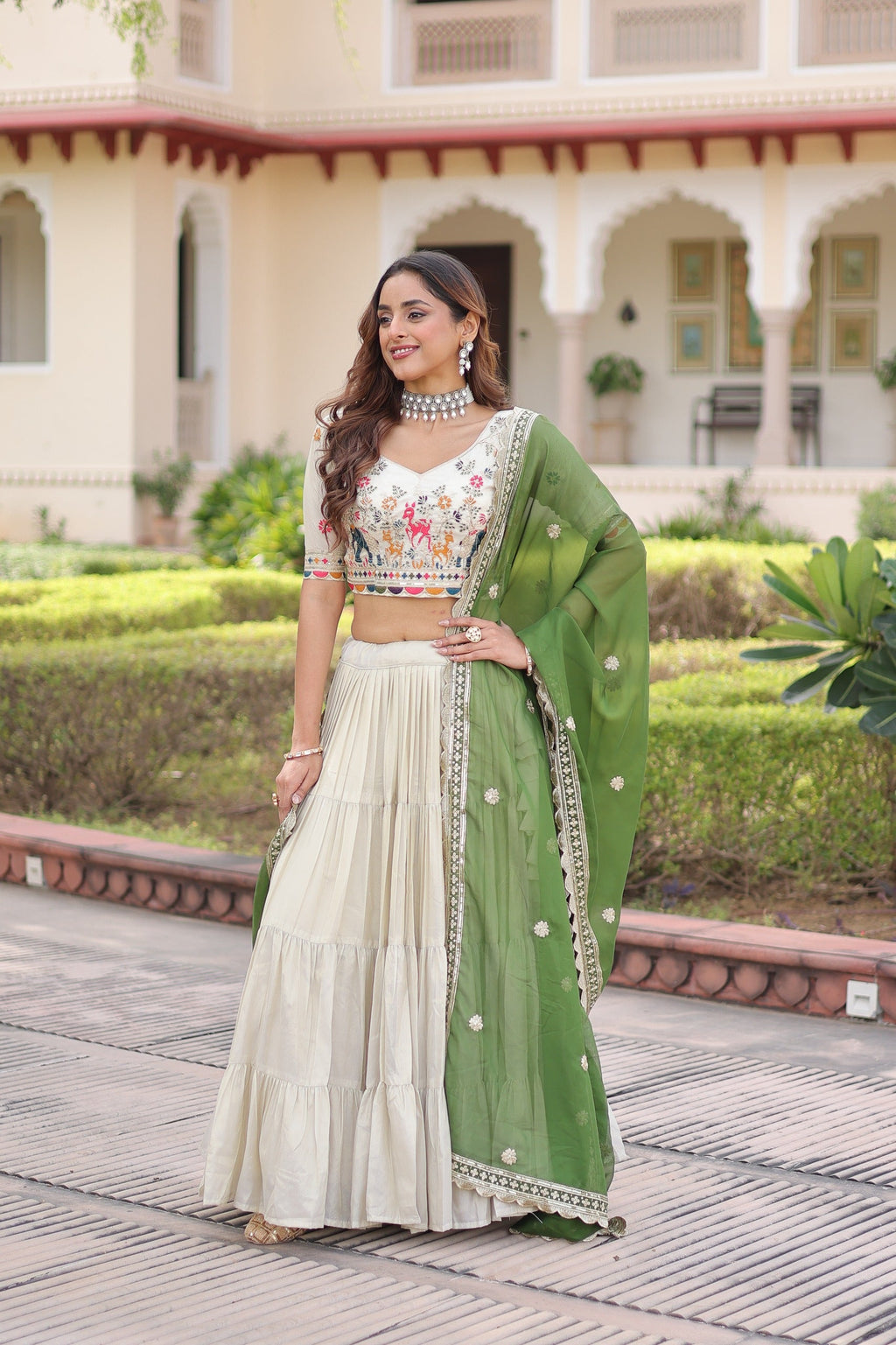 Off White Cosmos Silk Lehenga Choli with Frill Stitching Detail