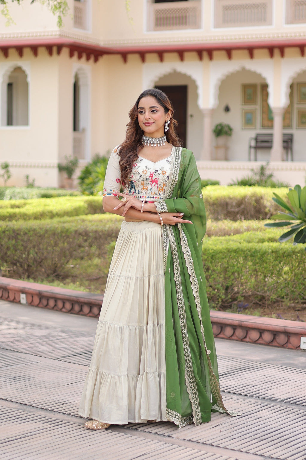 Off White Cosmos Silk Lehenga Choli with Frill Stitching Detail