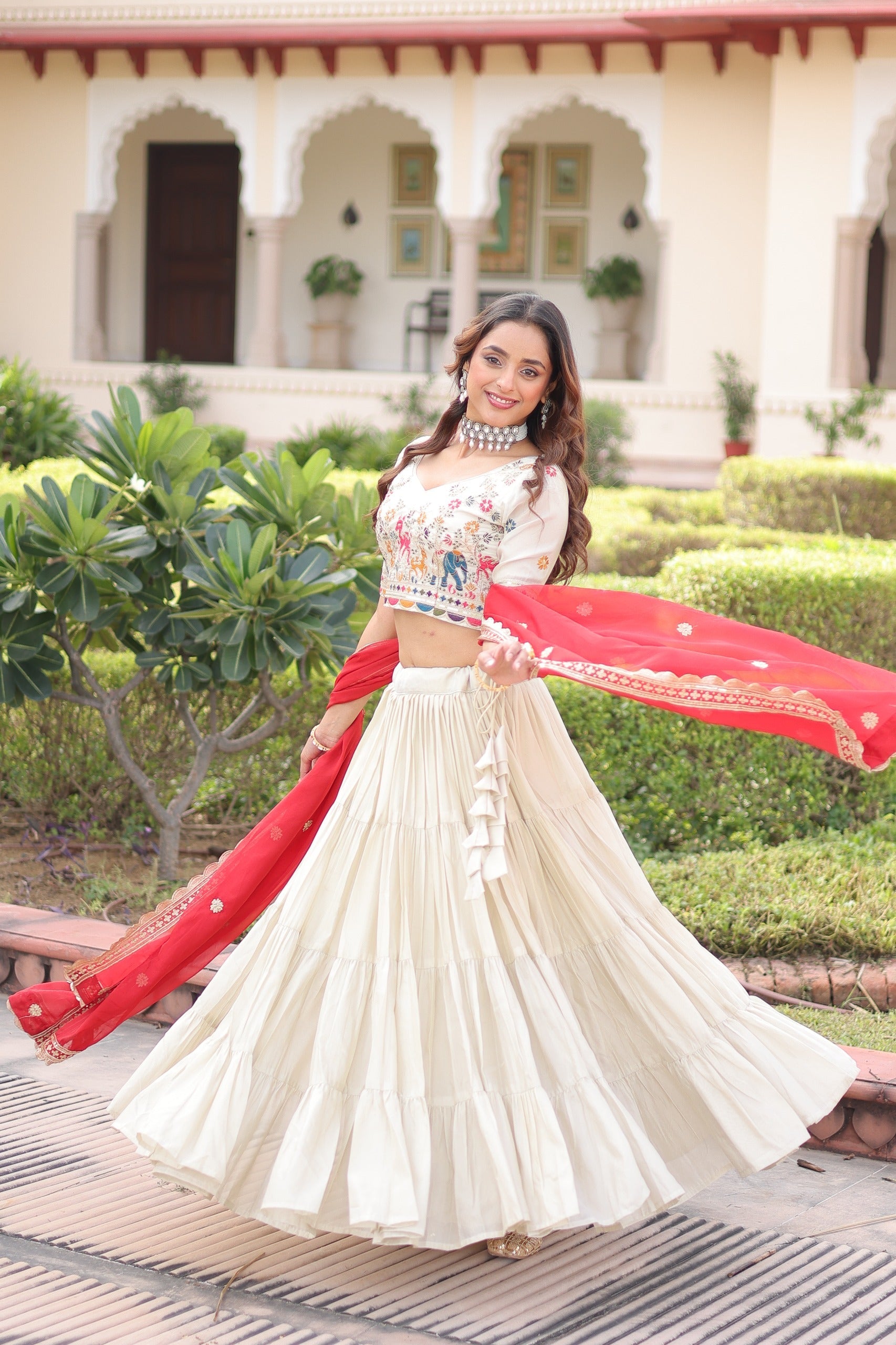 Off White Cosmos Silk Embroidered Lehenga Choli with Frill Stitch
