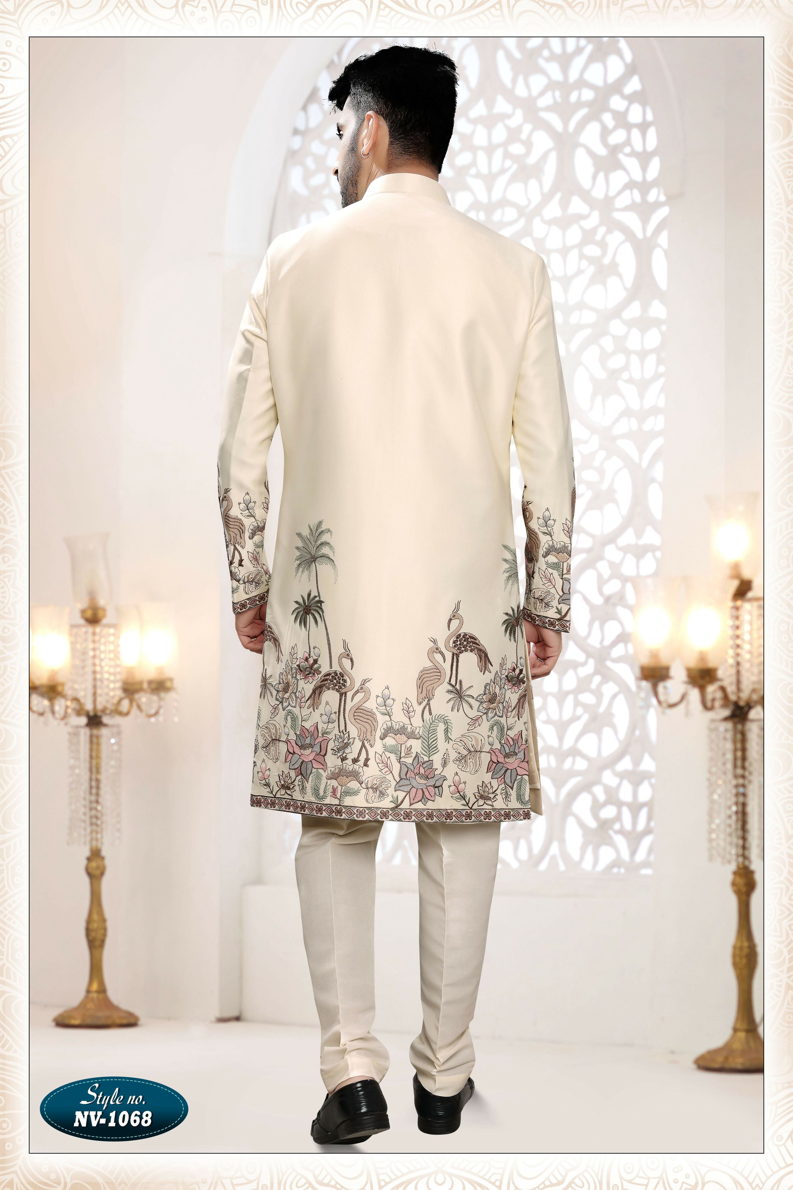 Men's Cream Silk 3-Piece Kurta Set with Thread & Sequin Embroidery
