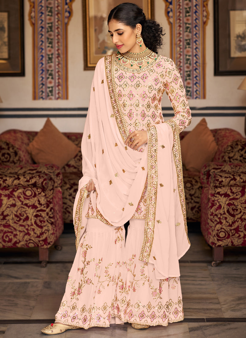 Light Peach Georgette Embroidered Designer Sharara Suit Set