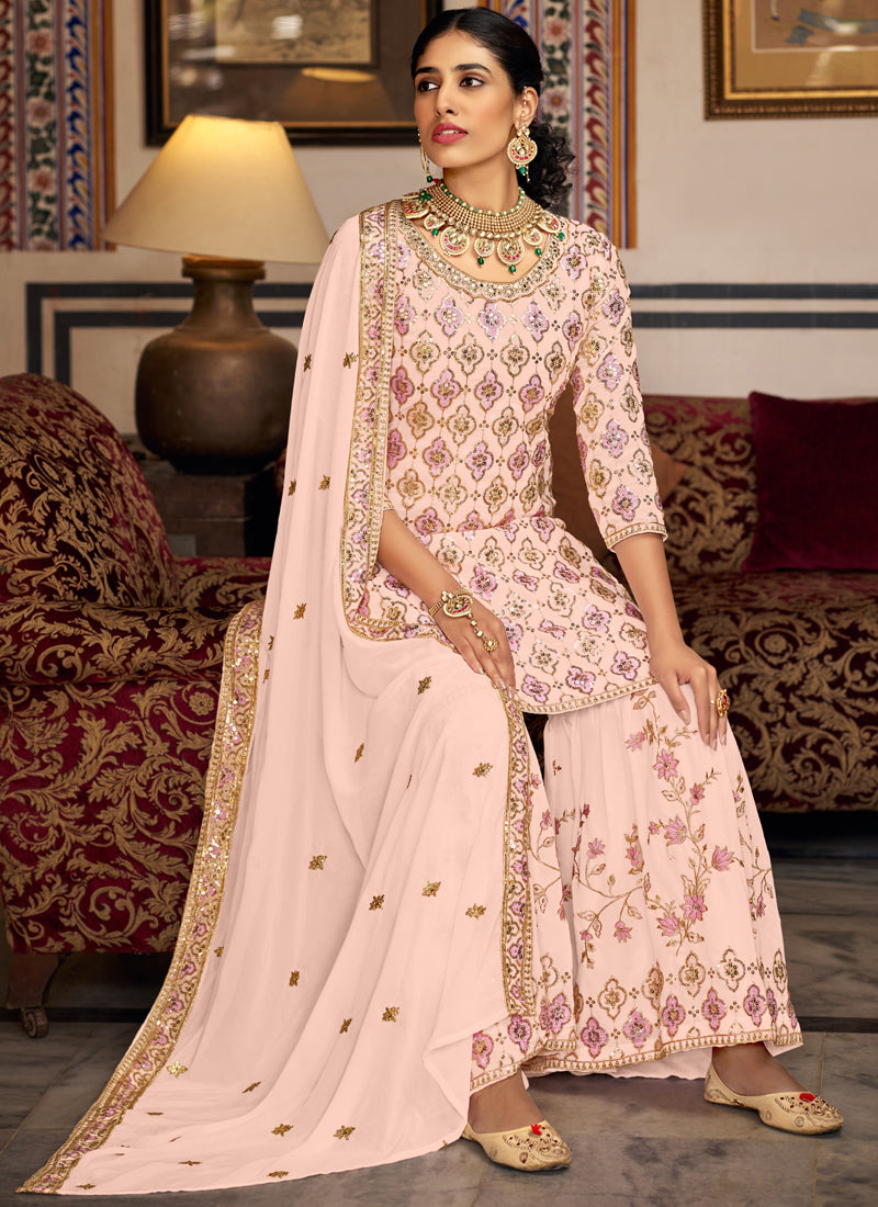 Light Peach Georgette Embroidered Designer Sharara Suit Set