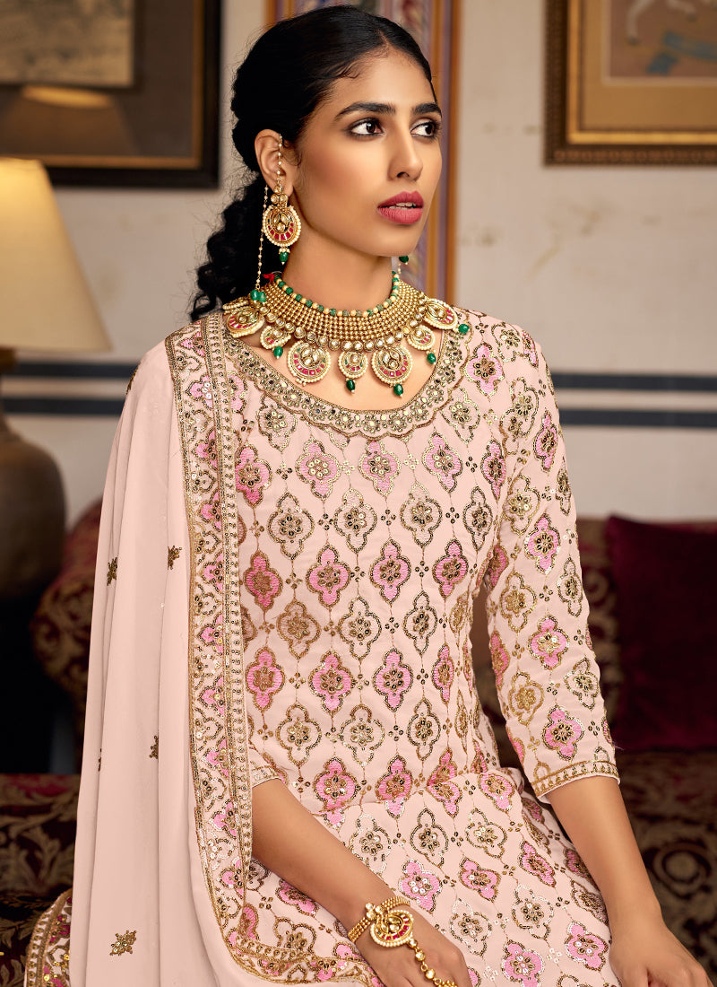 Light Peach Georgette Embroidered Designer Sharara Suit Set