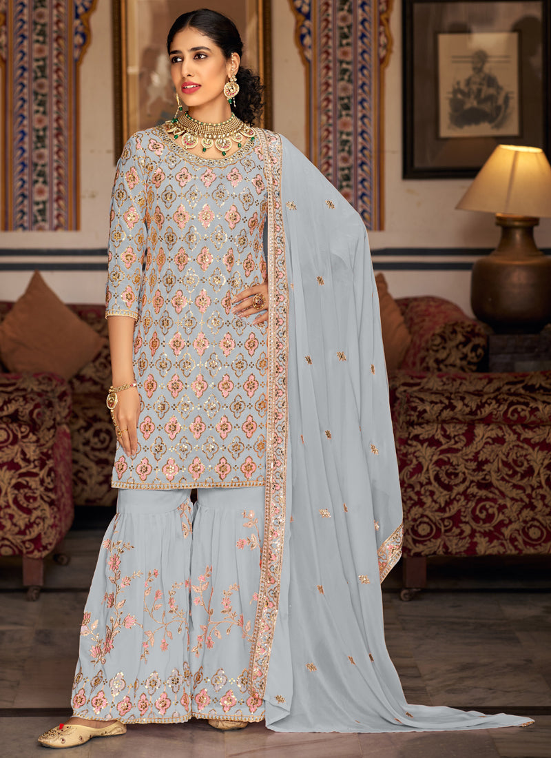 Light Grey Georgette embroidered A-line sharara suit with dupatta