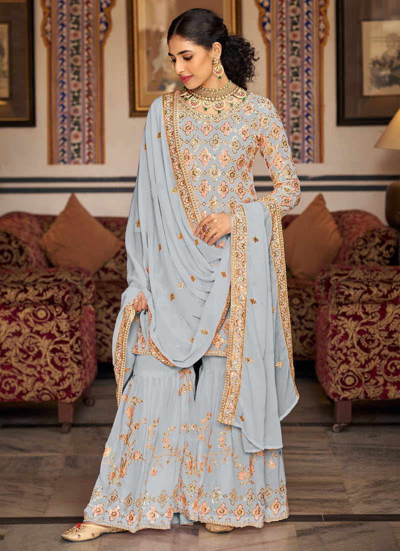 Light Grey Georgette Embroidered Designer A-Line Sharara Suit