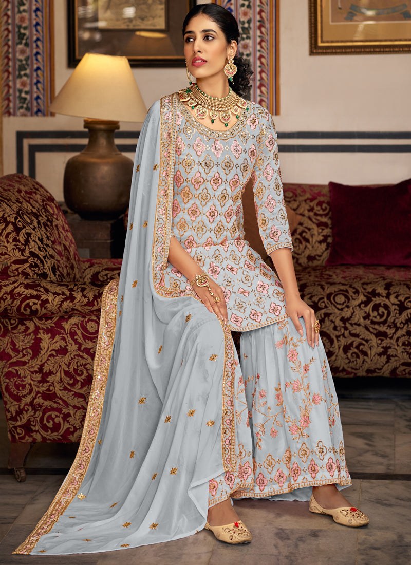 Light Grey Georgette Embroidered Designer A-Line Sharara Suit