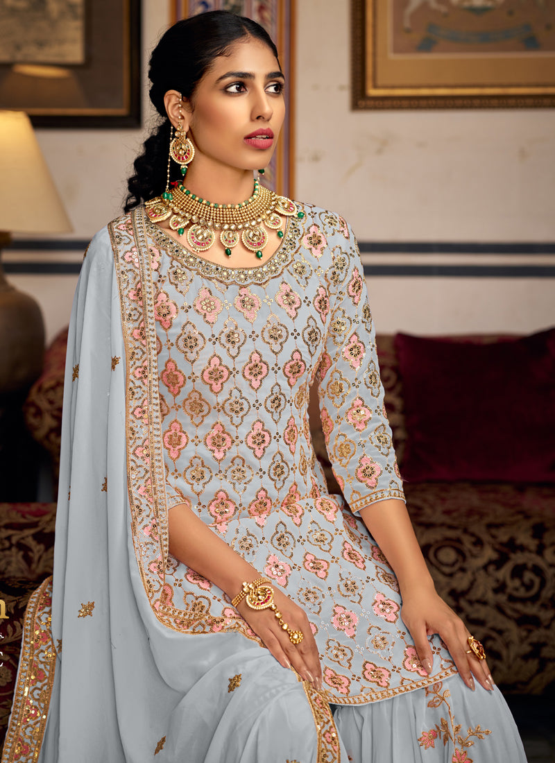 Light Grey Georgette Embroidered Designer A-Line Sharara Suit